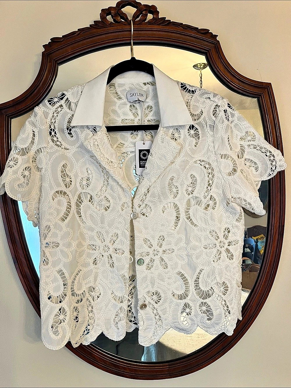 Saylor NYC Climate Neutral Large Lace Button Down Shirt in Cream NWT